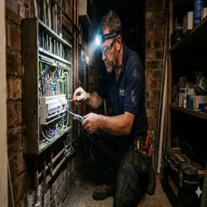 Emergency electrician fixing a fuseboard for a domestic client in Bishop Auckland