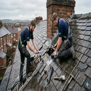Professional roofers fixing a leaking roof during storm damage repairs in Shildon
